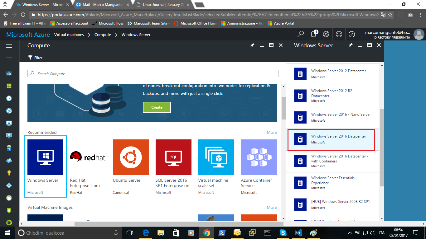 Azure selezione Windows Server 2016 Datacenter